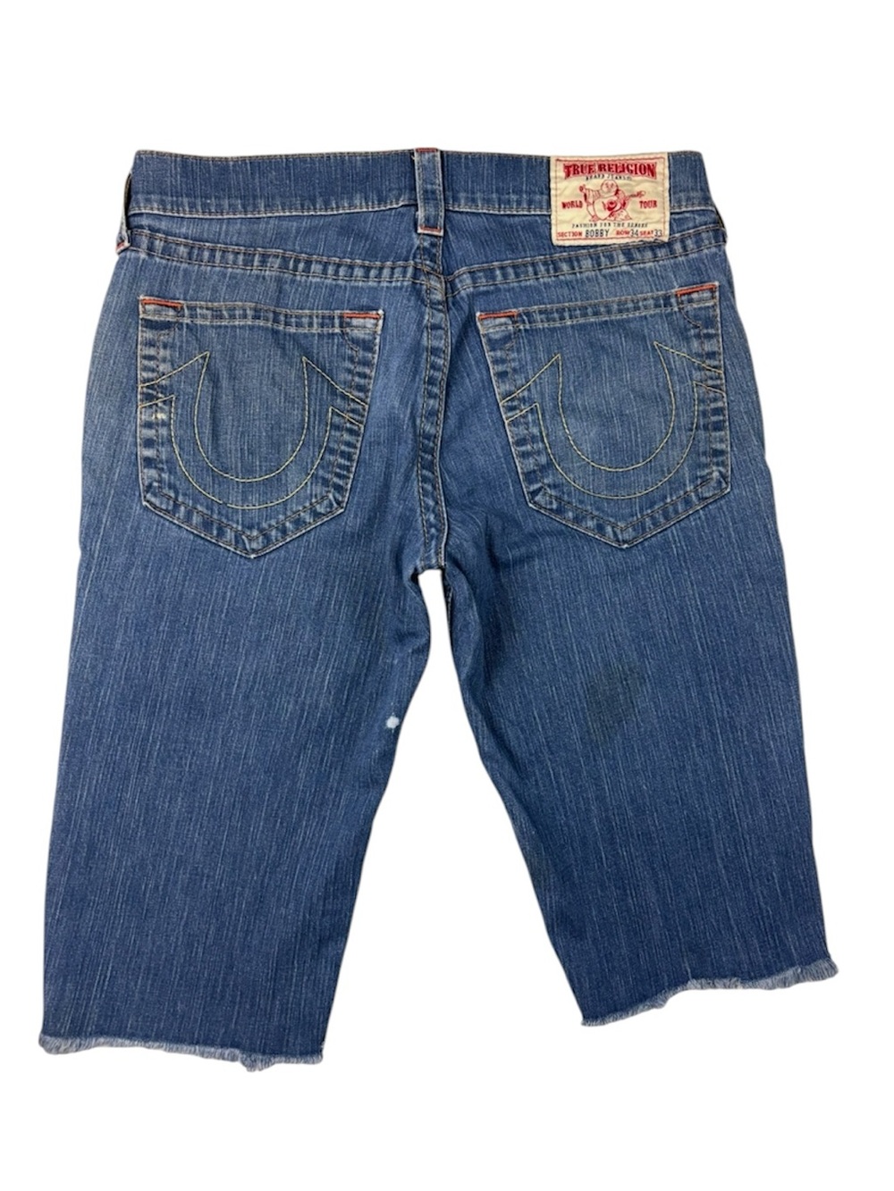 Vintage True Religion Bobby World‎ Tour Blue Denim Cut Off Shorts Sz 34